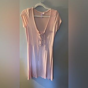 Short sleeve light pink lace up baby doll dress - Medium